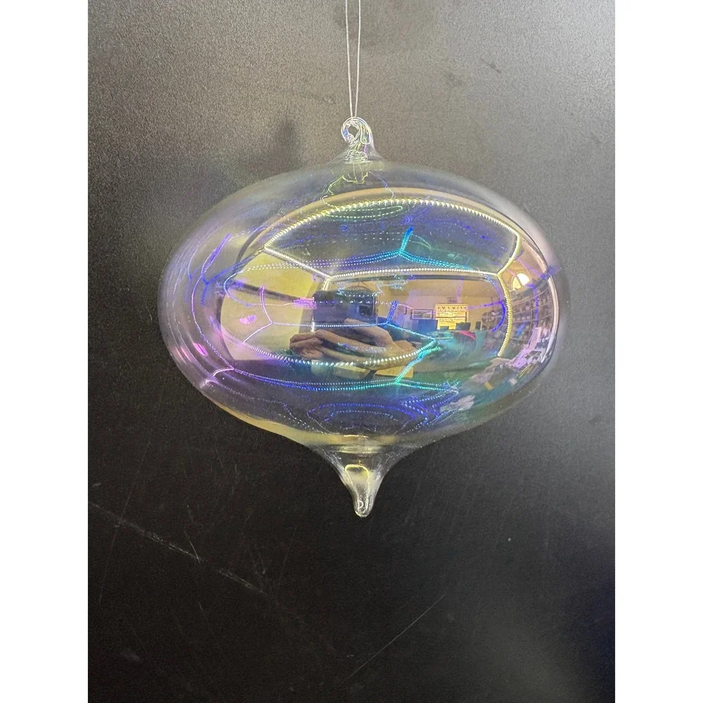 Iridescent Hand Blown Glass Onion Ornament Clear Rainbow Aurora Borealis 4 Inch